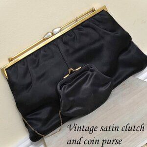 Satin clutch, vintage clutch style purse with coin pursee, black satin, abalone